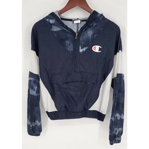 Champion Navy White Half Zip Pullover Mesh Jacket Hooded Women's Small